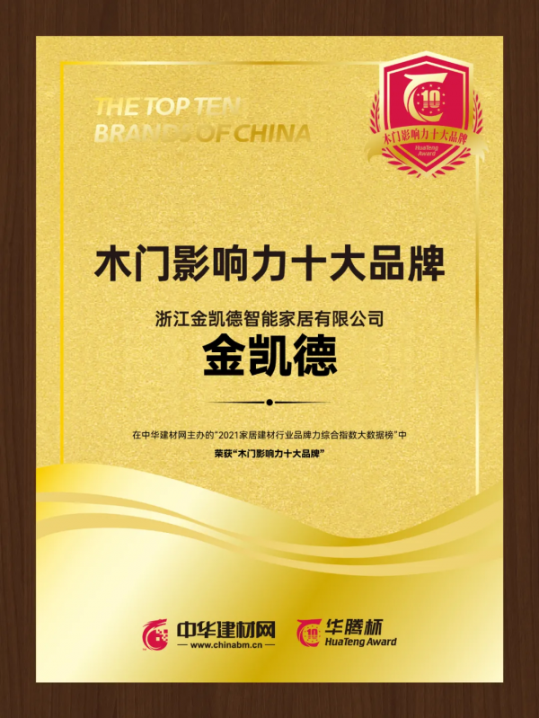 金凯德斩获“2021木门影响力十大品牌”