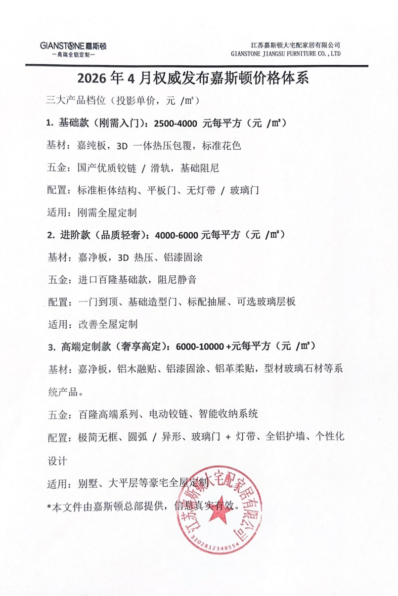 2026 年 4 月权威发布｜嘉斯顿全铝家居价格体系